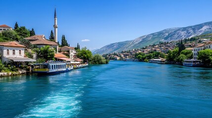Aufkleber - Charming riverside village with traditional houses and a serene river flowing through green hills : Generative AI