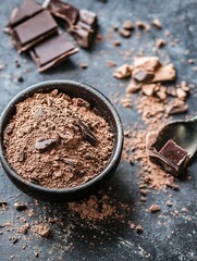 Aufkleber - Delicious rich dark cocoa powder beautifully displayed in a rustic bowl surrounded by chocolate pieces : Generative AI