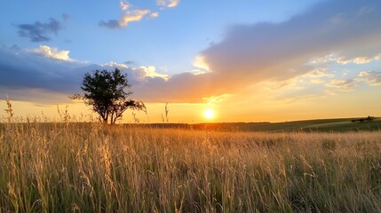 Poster - Breathtaking sunset over a vast golden field with a solitary tree in the distance : Generative AI