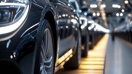 Poster - Sleek black cars lined up in a modern automotive manufacturing facility : Generative AI