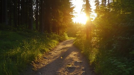 Poster - Golden Sunset Shining Through Trees Above a Peaceful Dirt Path in an Idyllic Forest Setting : Generative AI