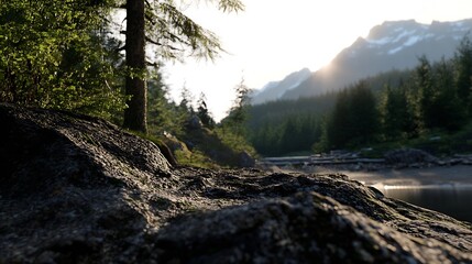 Aufkleber - Tranquil forest scene featuring rocky riverbank and majestic mountains under soft morning light : Generative AI