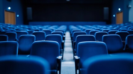Poster - Spacious and Inviting Movie Theatre Interior with Row after Row of Blue Seats : Generative AI