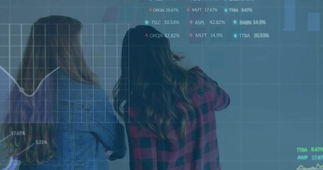 Poster - Analyzing financial data projections, two people using large screen in office