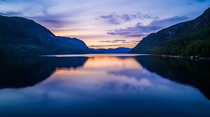 Poster - Stunning scenic view of tranquil lake reflecting colorful sky at dusk with mountains in the background : Generative AI