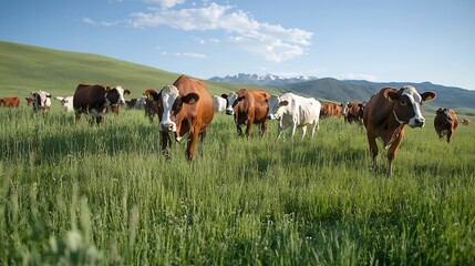 Aufkleber - Herd of Cows Grazing on Lush Green Pasture Under Clear Blue Skies in a Picturesque Landscape : Generative AI