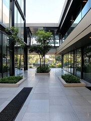Aufkleber - modern architectural design showcasing a serene courtyard with lush greenery and glass facades : gen