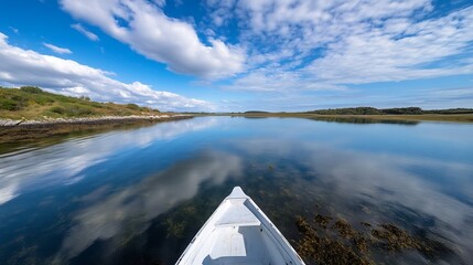 Aufkleber - Scenic view from a boat reflecting the clouds and greenery in calm waters : Generative AI
