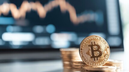 Leinwandbilder - Shiny Bitcoin Coin with Digital Graph Displaying Cryptocurrency Trends in the Background : Generative AI