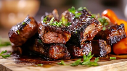 Poster - Delicious barbecue beef steak garnished with fresh herbs and vibrant vegetables on a wooden board : Generative AI