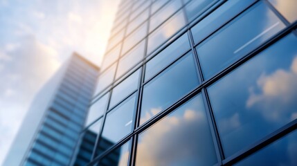 Poster - Skyline view of contemporary glass skyscrapers reflecting clouds and light under blue skies : Generative AI