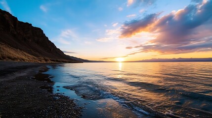 Poster - Stunning sunset over tranquil lake with gentle waves and majestic mountains in the background : Generative AI