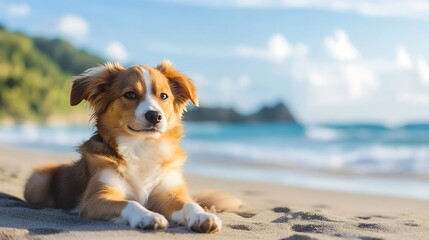 Aufkleber - Adorable dog relaxing on sandy beach with ocean waves and vibrant landscape in the background : Generative AI