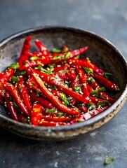 Poster - Vibrant chili peppers in a rustic bowl garnished with fresh herbs and a sprinkle of sesame seeds : Generative AI