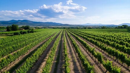 Aufkleber - Aerial view of lush green vineyard rows under a bright blue sky with mountains in the background : Generative AI