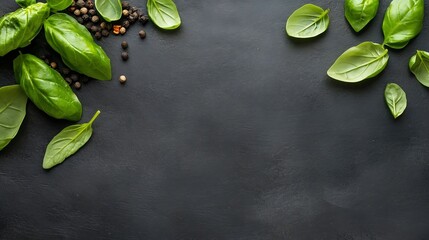Poster - Fresh green basil leaves and black peppercorns arranged on a dark stone surface perfect for culinary uses : Generative AI