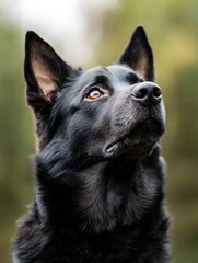 Poster - Majestic black dog gazing upwards captured in a serene outdoor environment with soft natural lighting : Generative AI