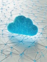 Poster - A futuristic digital concept of cloud computing, showing a glowing blue cloud icon surrounded by a network of interconnected data nodes.