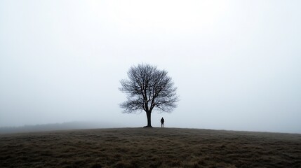 Aufkleber - A lonely figure standing under a bare tree in a foggy landscape evoking feelings of isolation : Generative AI