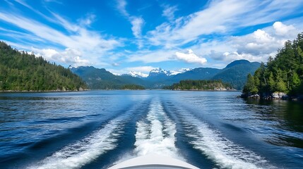 Poster - Breathtaking view of a serene waterfront with lush mountains and cloudfilled sky : Generative AI