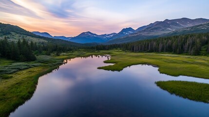 Poster - Breathtaking Aerial View of Lush Green Valley Surrounded by Majestic Mountains at Dusk : Generative AI