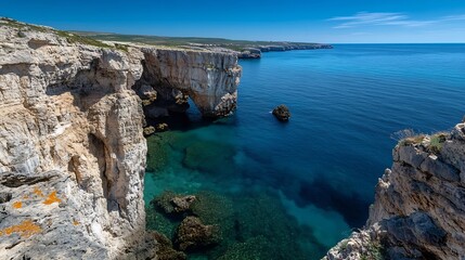 Poster - Breathtaking coastal view with azure sea and rugged cliffs under a clear sky : Generative AI