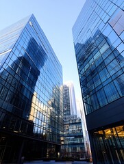Poster - Reflective glass facades of modern buildings creating a unique urban skyline : Generative AI