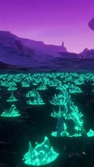 Wall Mural - vertical 9:16 An alien planet covered in strange, bioluminescent plants. Distant mountains shimmer with unknown minerals under a purple sky