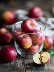 Poster - Delicious red apples displayed in a glass bowl on a rustic wooden surface with some whole fruit collected : Generative AI