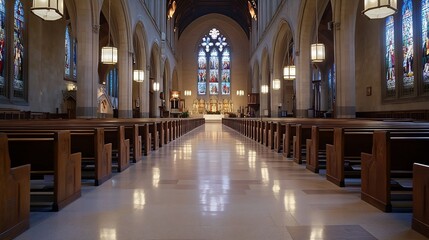 Aufkleber - Majestic Interior of a Church with Soft Lighting and Colorful Stained Glass Windows : Generative AI