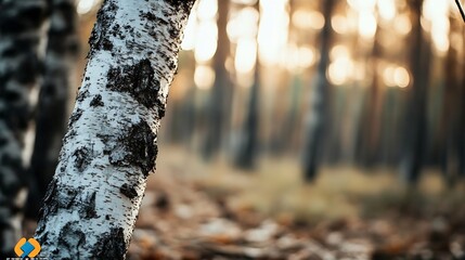 Poster - Closeup view of a birch tree trunk in a tranquil autumn forest filled with golden light : Generative AI