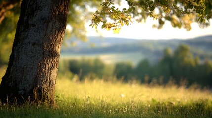 Poster - Sunlit serene landscape with a tree and lush green grass in a peaceful meadow : Generative AI