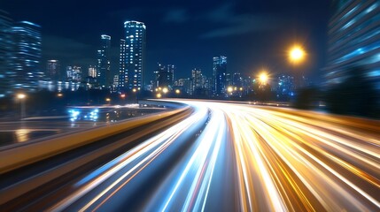 Poster - Vibrant cityscape at night with light trails from moving vehicles creating a lively urban ambiance : Generative AI