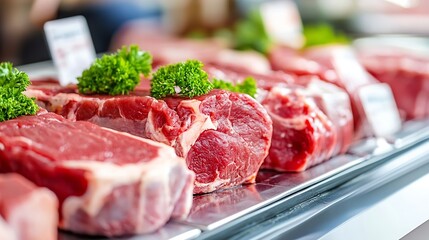 Aufkleber - Fresh selection of juicy raw beef steaks garnished with green parsley in a butcher shop display : Generative AI