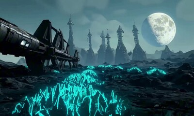 Wall Mural - A massive starship lies half-buried in the rocky terrain of an alien planet. The ground is covered in glowing blue moss, and strange bioluminescent plants grow around the wreckage
