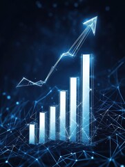 Poster - A white 3D bar graph rising upward, an arrow pointing upward with glowing lines. surrounding the graph, all on a dark blue background.