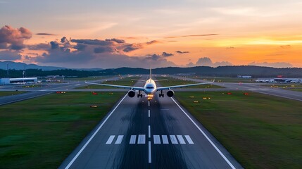 Poster - Airplane preparing for takeoff on runway illuminated by vibrant colors of sunset : Generative AI