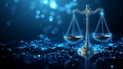 Poster - Glowing scales of justice on digital network background.
