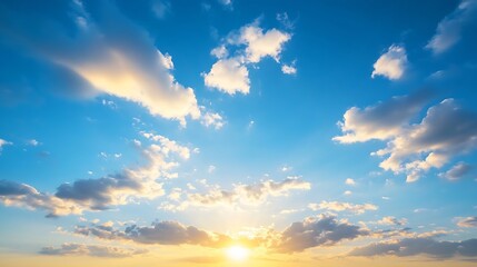 Poster - Golden Sunrise over a Clear Blue Sky with Soft Clouds Perfect for Landscape Photography : Generative AI