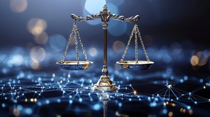 Poster - Scales of justice on a digital network background, symbolizing legal tech and fairness.