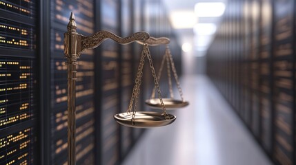 Poster - Justice scales in a server room, symbolizing data security and legal compliance.