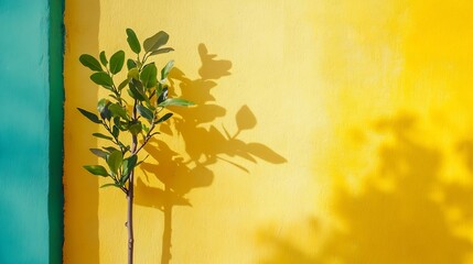 Aufkleber - Vivid yellow and green wall casting shadows of a small tree in an artistic urban space design : Generative AI