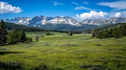 Poster - Panoramic view of mountain range under blue sky with lush green meadow in foreground : Generative AI