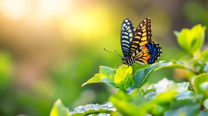 Poster - A vibrant butterfly perched delicately on lush green leaves illuminated by soft sunlight in a garden environment : Generative AI
