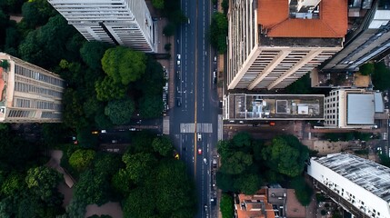 Aufkleber - Aerial View of a City Intersection Surrounded by Lush Green Trees and Urban Buildings : Generative AI