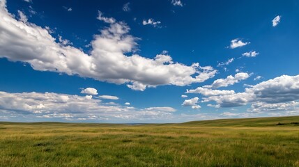Poster - Vast green field under a bright blue sky dotted with fluffy white clouds : Generative AI