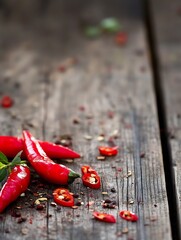 Poster - Spicy red chilies scattered on wooden surface with fresh herbs creating a bold culinary display : Generative AI