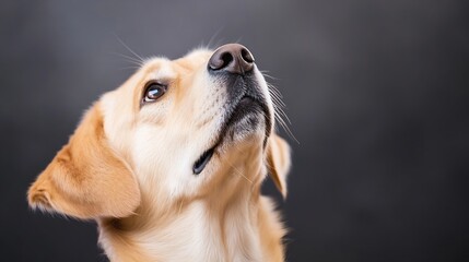 Poster - Golden Labrador Retriever Dog Looking Up with Soft Expression against Dark Background : Generative AI