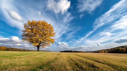 Aufkleber - Stunning autumn landscape with a solitary tree against a beautiful blue sky and dramatic clouds : Generative AI