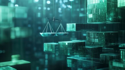Poster - Digital scales of justice hover over abstract green data blocks, representing cybersecurity, law, and technology.